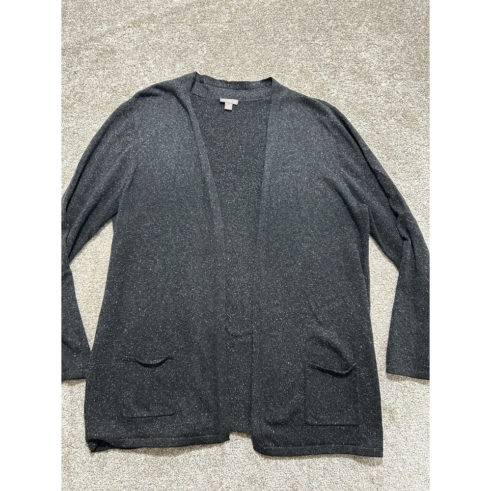 J Jill Women's L Open Front Cardigan Speckled Grey Pockets Silk Cotton